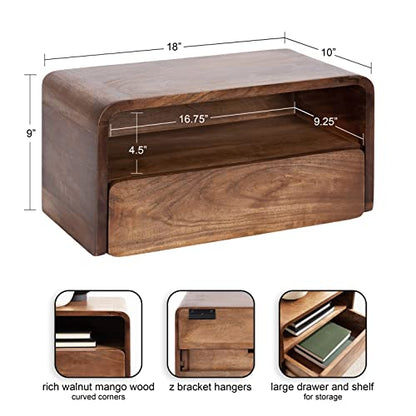 Kato Modern Wood Floating Side Table with Drawer, 18 x 10 x 9, Walnut Brown, Contemporary Wooden Floating Nightstand for Bedroom Bedside Table