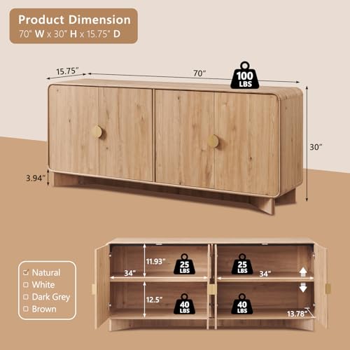 Modern Buffet Cabinet with Storage, 70" Sideboard Cabinet,Natural Oak, view 3