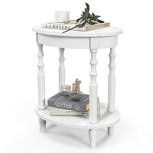 2-Tier Oval End Table, Sofa Side Table with Storage Shelf, Solid Wood Legs, Modern Accent Table, Compact Nightstand for Living Room, Bedroom, Small Space, White