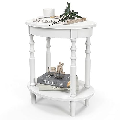 2-Tier Oval End Table, Sofa Side Table with Storage Shelf, Solid Wood Legs, Modern Accent Table, Compact Nightstand for Living Room, Bedroom, Small Space, White