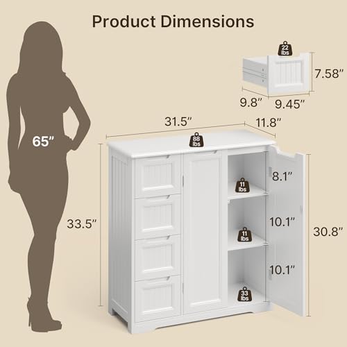 Storage Cabinet, White Bathroom Storage Cabinet with 4 Drawers & Double Doors, Adjustable Shelf, Modern Floor Cabinet for Bathroom, Kitchen, Living Room, Entryway, White