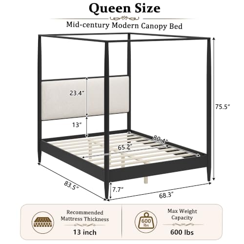 Queen 4-Poster Wood Canopy Bed with Boucle Headboard, Black, view 3
