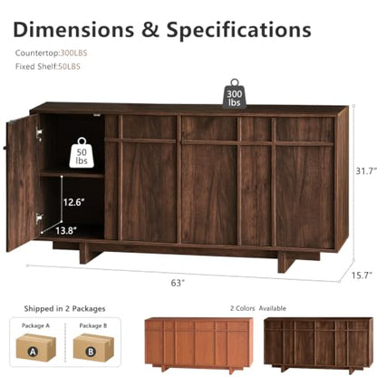 63" Sideboard Buffet Cabinet, Skeleton Lines Design, Walnut, view 3