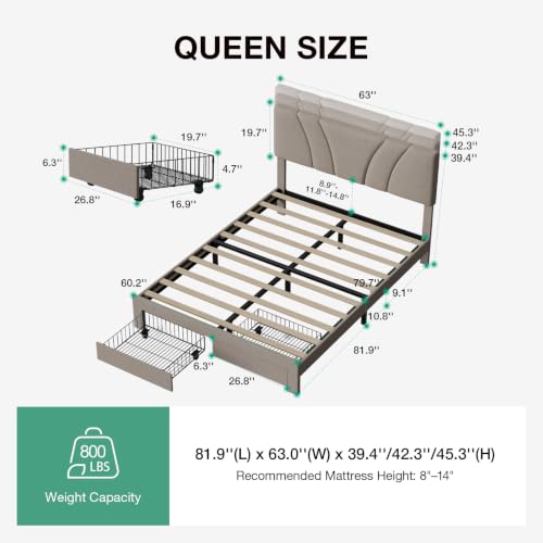 Queen Bed Frame with 2 Storage Drawers and Headboard, Linen Beige, view 3