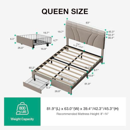 Queen Bed Frame with 2 Storage Drawers and Headboard, Linen Beige, view 3