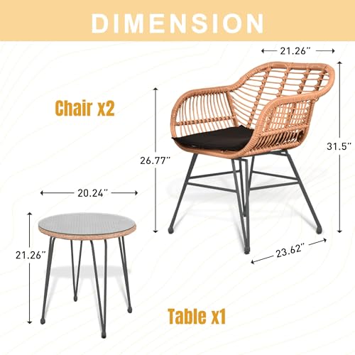 3 Piece Outdoor Wicker Furniture Patio Bistro Set, Balcony Furniture Rattan Conversation Sets, Outdoor Patio Chairs Set for Porch Poolside Garden, Black