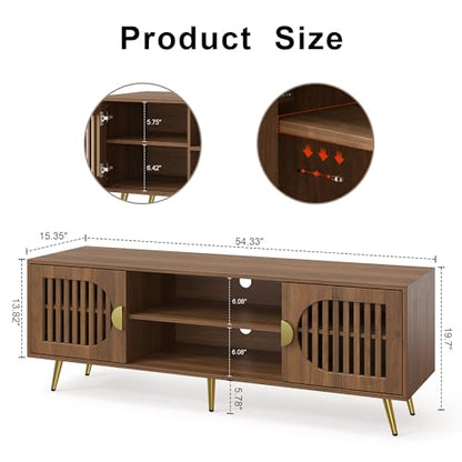 Walnut 55" TV Stand for TVs up to 65 Inch, Mid Century Modern Entertainment Center with Storage Shelves, Media TV Console Table with Storage Cabinet, Wooden Media Furniture for Living Room, Bedroom