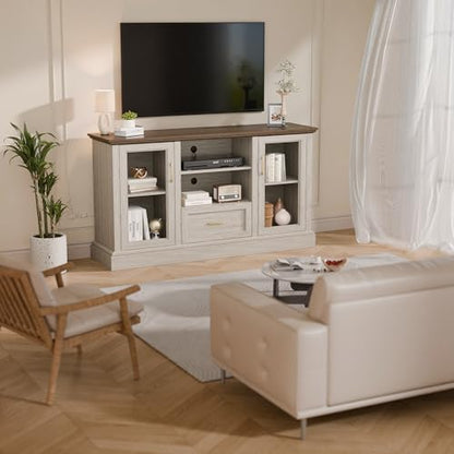 Beige Farmhouse TV Stand with Storage Cabinets and Glass Doors, Entertainment Center for 75 Inch TV, Media Console Side Storage Cabinets for Living Room