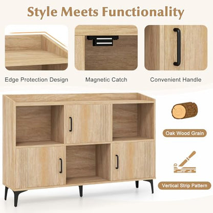 Storage Cabinet, Sideboard with 3 Doors, 3 Open Compartments, Bookcase with 5 Raised Metal Legs, Buffet Table, Bookshelf, Floor Cabinet for Living Room Display, Dining Room, Entryway, Oak