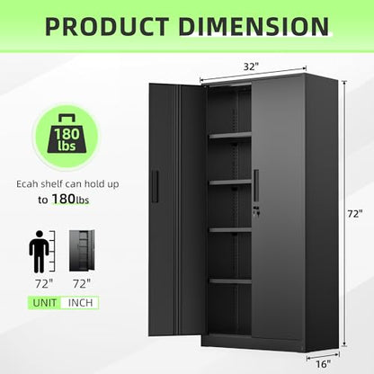 Crownland 72" Metal Office Storage Locking Cabinet, Lockable Garage Storage Cabinets, High Office Cabinet with Adjustable Shelves for Garage(Black)