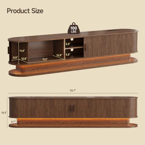 83" TV Stand up to 90 Inch with LED Lights and Power Outlet, Walnut, view 3