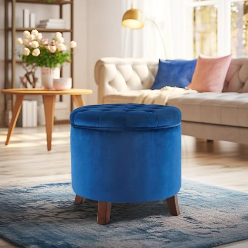 Modern Tufted Accent Storage Ottoman, Small Upholstered Button Circle Pouf Footstool with Lift Top, for Bedroom Living Room Vanity - Navy Blue