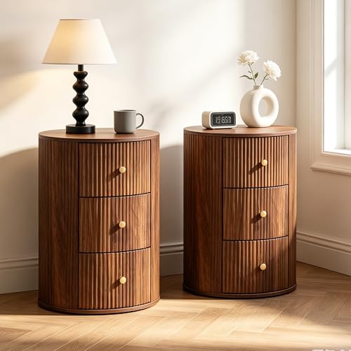 Fully Assembled Round End Table, Fluted Mid Century Side Table with 3 Storage Drawers for Living Room, Bedroom, Couch (Walnut-1 pc)