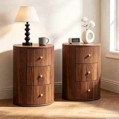 Fully Assembled Round End Table, Fluted Mid Century Side Table with 3 Storage Drawers for Living Room, Bedroom, Couch (Walnut-1 pc)