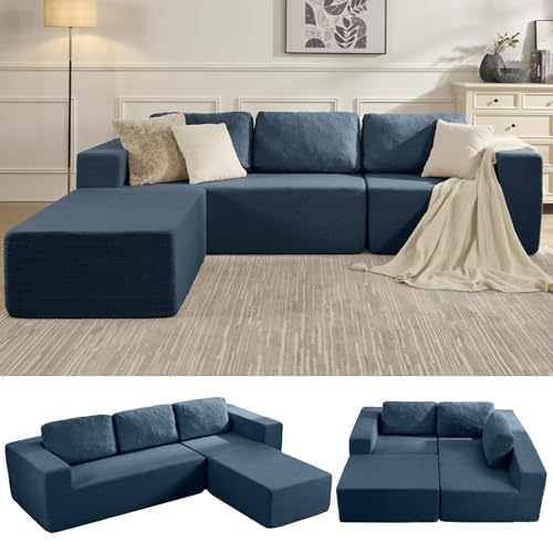 106" Modular Sectional Couch Left/Right Facing Convertible, L-Shape Modern Teddy Sofa, Deep Seat Upholstered Foam Couch for Living Room Bedroom, No Assembly Required (Blue, Teddy Boucle)