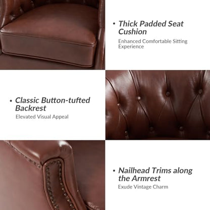 Genuine Leather Swivel Accent Chairs Set of 2, Swivel Rocker Barrel Chairs, Traditional Chesterfield Armchairs with Button-Tufted Design, No Assembly Required, Brown