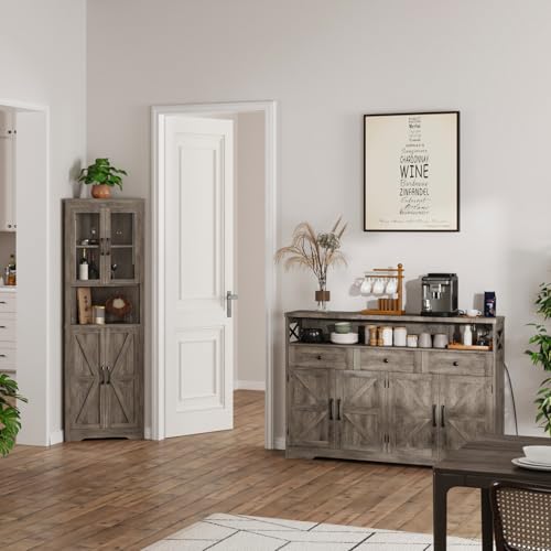 51" Farmhouse Buffet Sideboard with Storage, Kitchen Pantry Cabinet with Storage Drawers, Wood Cupboard Hutch, Coffee Bar Station Table for Kitchen, Living Room, Dining Room, Grey