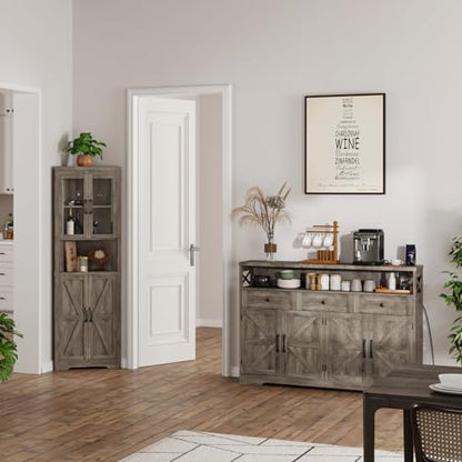 51" Farmhouse Buffet Sideboard with Storage, Kitchen Pantry Cabinet with Storage Drawers, Wood Cupboard Hutch, Coffee Bar Station Table for Kitchen, Living Room, Dining Room, Grey