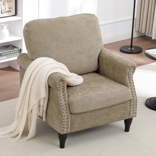 Accent Chair for Living Room, Modern Mid Century Reading Chair Armchair High Back Upholstered Armchair with Wooden Legs for Living Room Bedroom Office (Brown, 1pcs)