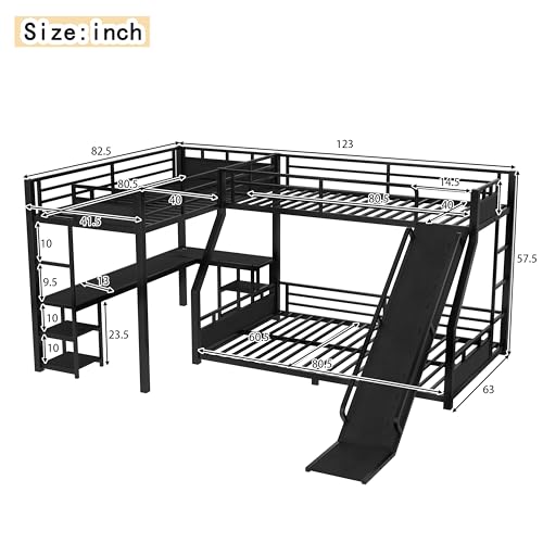 JIVOIT Triple Bunk Bed with Slide & Desk, Storage Shelves, L-Shaped Metal Bunk Bed with Loft Bed, Space-Saving Twin XL Over Queen Metal Triple Bed, Quiet Design, No Box Spring Required