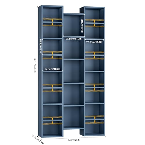 71'' Tall Bookshelf with 21 Cubes, 8 Tier Triple Wide Bookshelf with 8 Adjustable Shelves, 35" Large Bookcase DVD/CD Media Tower Storage, Freestanding Display Shelf Cabinet, Blue