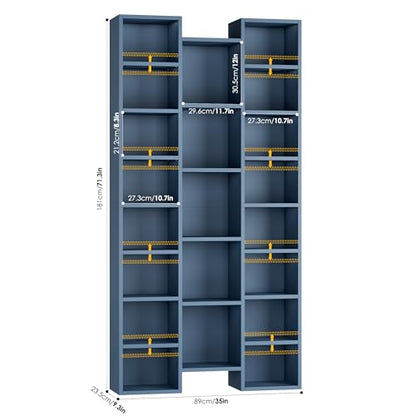 71'' Tall Bookshelf with 21 Cubes, 8 Tier Triple Wide Bookshelf with 8 Adjustable Shelves, 35" Large Bookcase DVD/CD Media Tower Storage, Freestanding Display Shelf Cabinet, Blue