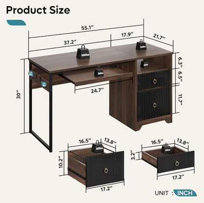 55 Inch Computer Desk with Keyboard Tray, Modern Office Desk with Storage, Wood Writing Desk with File Drawer, Fluted Panel & 2 Hooks for Home Office & Studio, Cherry