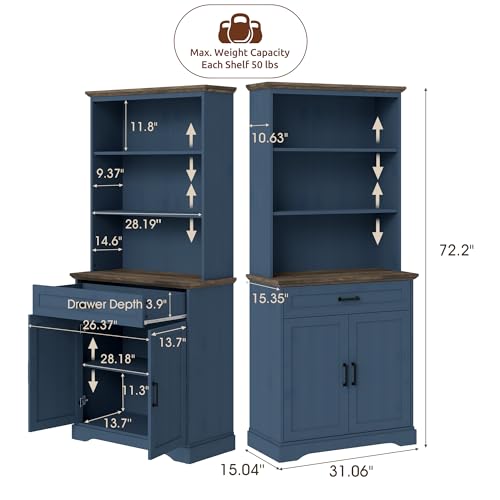 72" Bookcase with Doors & Drawer, Blue Adjustable Bookshelf with Cabinet, view 3