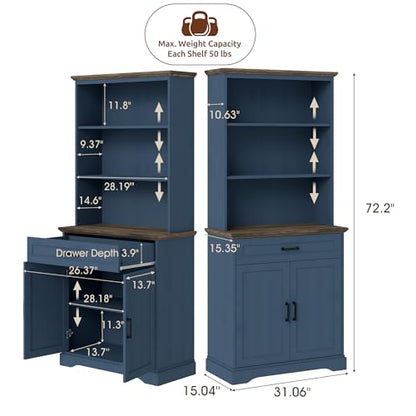 72" Bookcase with Doors & Drawer, Blue Adjustable Bookshelf with Cabinet, view 3