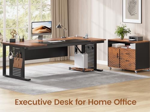 71" Executive Desk with Rolling File Cabinet, Large Office Desk with Drawers, L Shaped Computer Desk with Power Outlets, CPU Stand, Pegboard and Storage Shelves, Rustic Brown