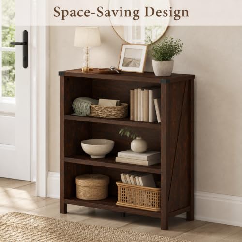 Small 3 Tier Bookshelf, Short Wood Bookcase, Brown Cherry, 36", view 7