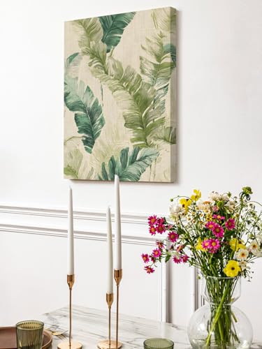 NuYeBiofx Rustic Botanical Palm Leaves Canvas Wall Art Prints,48"x32" Framed Picture Artwork Watercolor Tropical Foliage Linen Printed Canvas Oil Painting for Living Room Bedroom Office,Ready to Hang