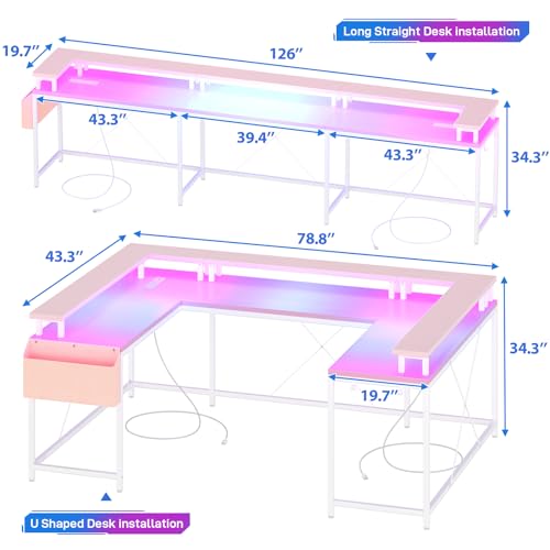 U-Shaped Computer Desk with Power Outlets & LED Lights 79 Inch Reversible, view 4