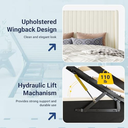 Queen Size Lift Up Storage Bed Frame Channel Tufted Headboard Cream, view 6