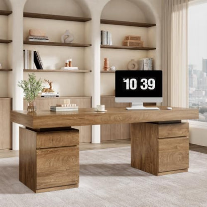 71-Inch Executive Desk, Wooden Office Desk with Storage, Oak Brown, view 2