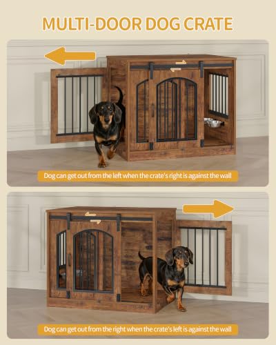 31.5 in Dog Crate Furniture Indoor Dog Kennel with 2 Feeding Bowls, view 6