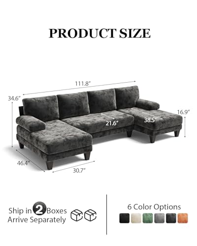 U-Shaped Sectional Couches for Living Room | 112 Inch Modern Sectional Couch | Dark Grey Chenille Sofa with Double Chaise for Apartment