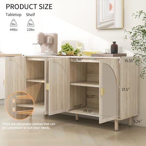 Sideboard Buffet Cabinet with Storage - Rattan 4 Door Cabinet, Accent Storage Cabinet with Cane Door, Boho Wood Credenza for Living Room, Kitchen (Beige)