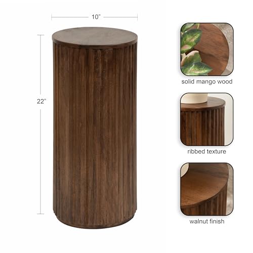 Reid Modern Wooden Ribbed Drink Table; 10 x 10 x 22; Walnut Brown; Solid Wood Mini Table for Use as Pedestal Plant Stand Indoors or Small Nightstand Option