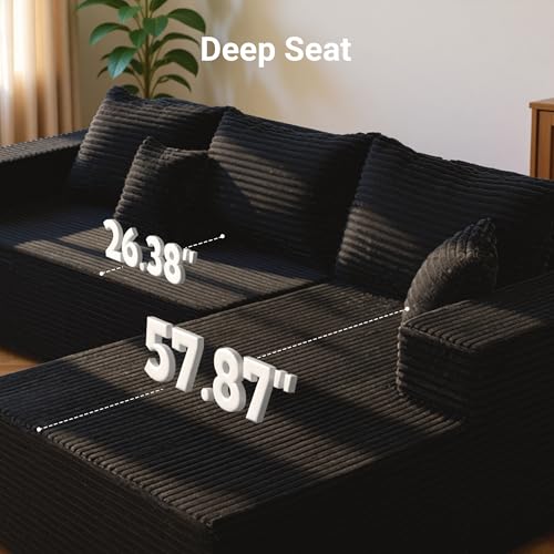 104" Boneless Couch, Cloud Couch Sectional, L-Shape Corduroy Modular Sectional Sofa Deep Seat, Upholstered Couches for Living Room, No Assembly Required, Black, Right Facing Chaise