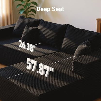 104" Boneless Couch, Cloud Couch Sectional, L-Shape Corduroy Modular Sectional Sofa Deep Seat, Upholstered Couches for Living Room, No Assembly Required, Black, Right Facing Chaise