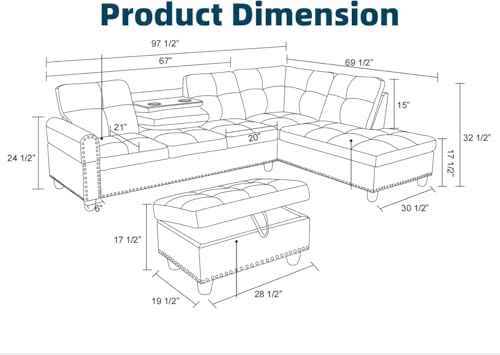 97.5" L Shaped Couch Set, Modular Sectional Couches for Living Room with Storage Ottoman, 4 Seat Home Sofa Living Room Furniture Sets with Chaise for Apartment Office (Linen, Dark Grey)