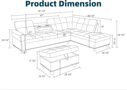 97.5" L Shaped Couch Set, Modular Sectional Couches for Living Room with Storage Ottoman, 4 Seat Home Sofa Living Room Furniture Sets with Chaise for Apartment Office (Linen, Dark Grey)