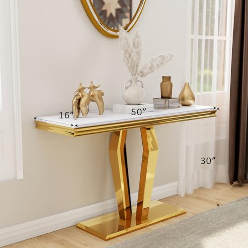 Gold Console Table, Luxury White and Gold Sofa Table, 50 inch Rectangle Entryway Table with Polished Geometric Base for Living Room, Hallway