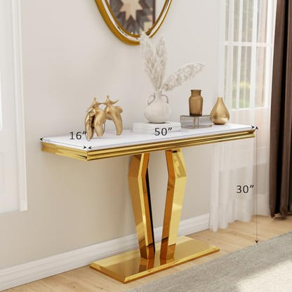 Gold Console Table, Luxury White and Gold Sofa Table, 50 inch Rectangle Entryway Table with Polished Geometric Base for Living Room, Hallway