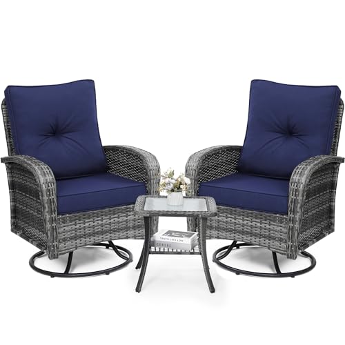 Luxury Outdoor Swivel Wicker Glider Patio Chairs with Table Set | Overstuffed Washable Cushions, Ideal for Porch, Balcony, Deck