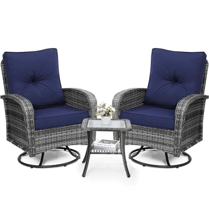 Luxury Outdoor Swivel Wicker Glider Patio Chairs with Table Set | Overstuffed Washable Cushions, Ideal for Porch, Balcony, Deck