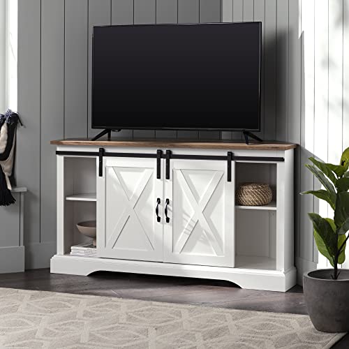 Everette Modern Farmhouse Double Sliding X Barn Door TV Stand for TVs up to 58 Inches 52 Inch Reclaimed Barnwood and Solid White