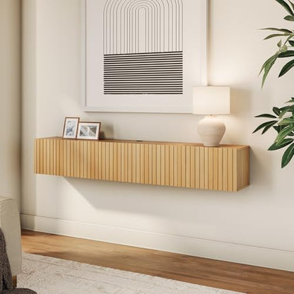 70" Modern Fluted Floating TV Stand, Oak, view 4