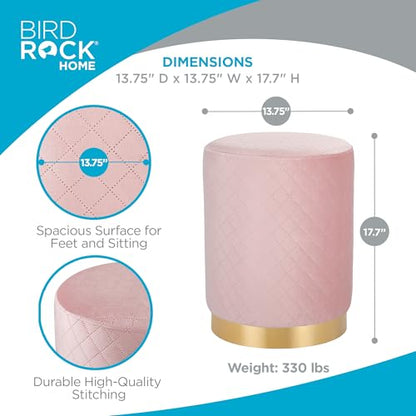 Velvet Round Ottoman Foot Stool with Lattice Design and Gold Trim - Soft, Padded Foot Rest for Living Room or Bedroom – Decorative Foot Ottoman for Chair, Rocking Chair or Couch (Pink)